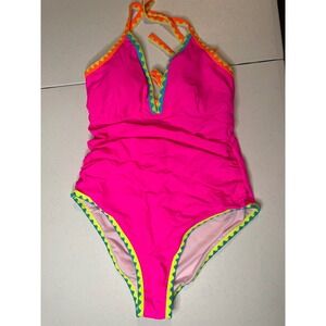 popvil Hot pink Color Block One Piece Bathing Suit Tie Back, L